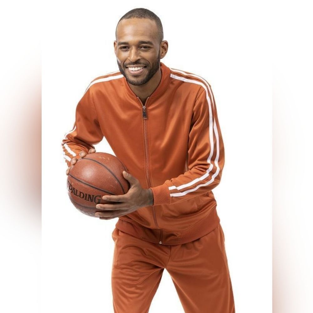 MEN'S MONTIQUE RUST 2 PIECE SPORT TRACK SUIT WITH DOUBLE SIDE STRIPE. JS26.
